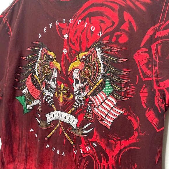 Affliction Black Label 2XL Mens Graphic Tee Red Skull Tribal Design Rhinestones - Picture 9 of 9